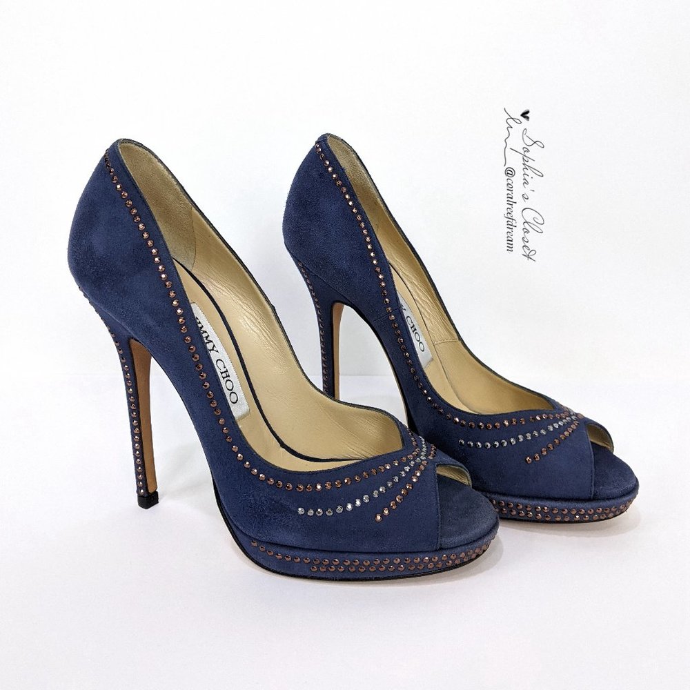 Jimmy Choo Blue Studded Suede Peep Toe High Heel